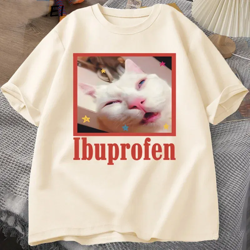 Color: Khaki, Size: XXL - Ibuprofen Cat Meme Tshirt Funny Cat Graphic Tee Cute Cat Lover Cotton T-Shirt Casual Funny T Shirts Unisex Oversized Tshirt Tee