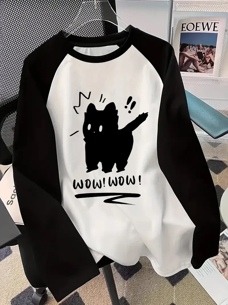 Color: WHITE, Size: S - Winter Autumn Long Sleeved Black Cat Design Shirt Funny T Shirt Women's Casual Long Sleeve T-Shirt Crew Neck Top Tee Tshirt