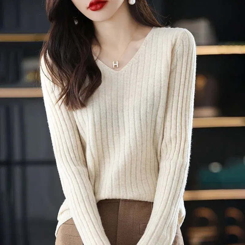 Color: black, Size: XXL - Women Sweater Long Sleeve Top Knitted Pullover V-Neck Fashion Sweater Woman Winter Basic Female Clothing Soild OL Sweater DF4933