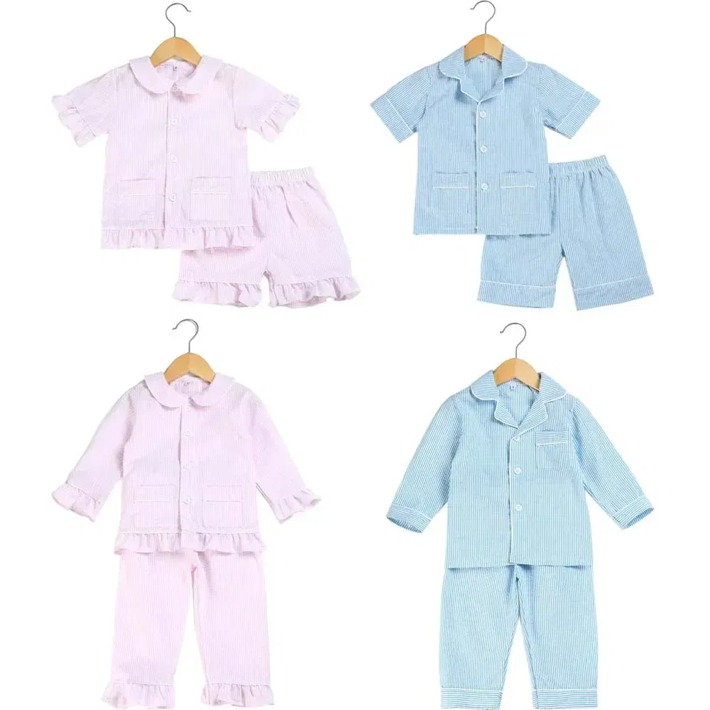 Color: Dark Grey, Ships From: CHINA, Kid Size: 5t - Ruffkids 100% Cotton Summer Kids Pajamas Sleepwear Seersucker Striped Matching Pjs Boys Clothes Loungewear Girls Pyjamas Set