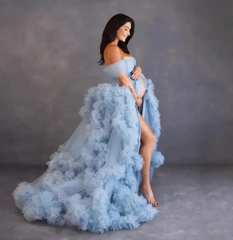 Color: SKY BLUE, Maternity Size: M, Ships From: CHINA - Tulle Long Maternity Dress Photoshoot  п?»?°?‚ь?µ  photography dresses baby shower dresses for pregnant woman  п?»?°?‚ь?µ д?»я ?±?&micro