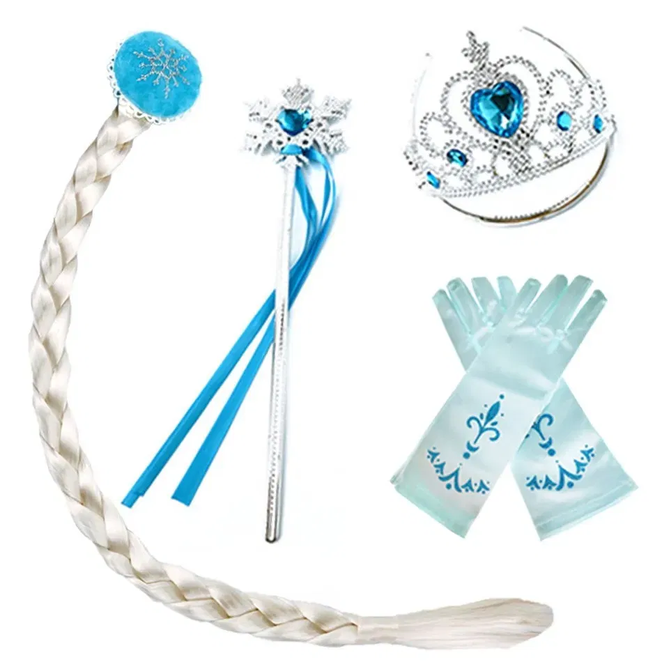 Color: Pink - Girls Princess Accessories Kids Party Costume Aurora Belle Sofia Snow Queen Elsa Anna Magic Wand Crown Tiara Gloves Wig Braid