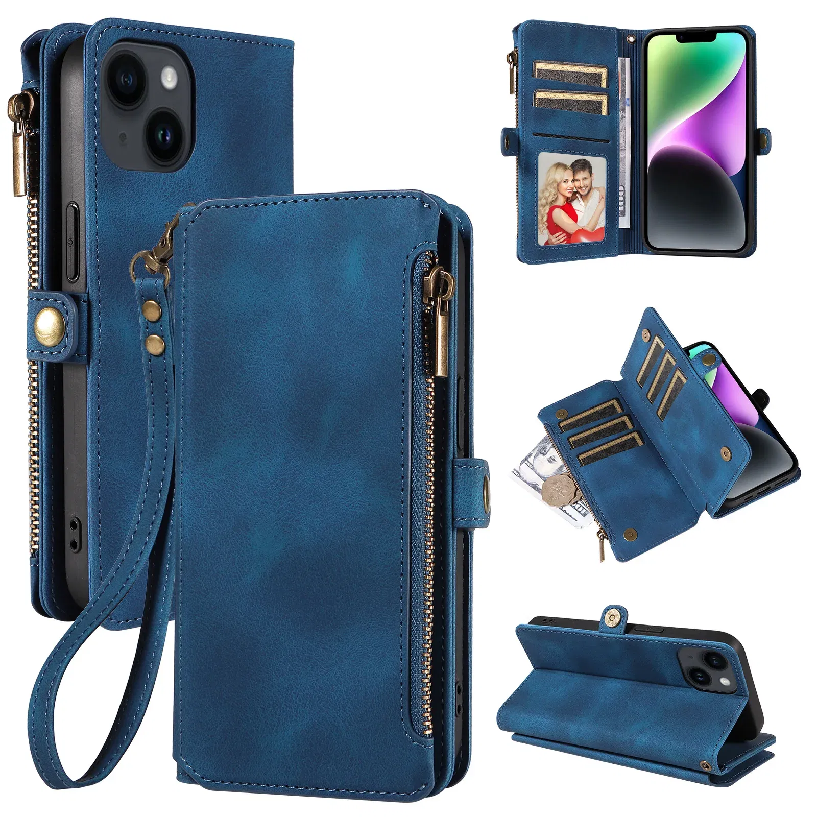 Color: SKY BLUE, Material: Cotton Fabric - Zipper Multi 9 Cards Wallet Case for OPPO Reno 12 10 8 7 6 5 Pro 11F 11A 8T 6Z 5Z Retro Leather Lanyard Wrist Strap Phone Cover
