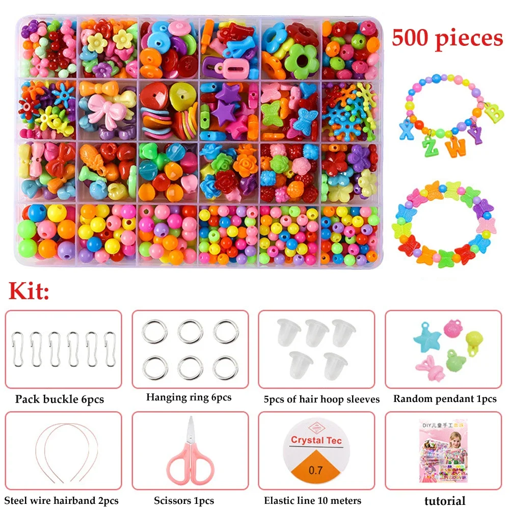 Color: Gold - 500pcs DIY Handmade Beaded Children's Toy Creative Loose Spacer Beads Crafts Making Bracelet Necklace Jewelry Kit Girl Toy Gift