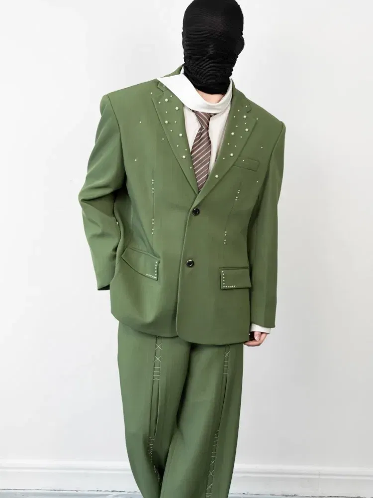 Color: Beige, Size: XL - 2025 Hot Sale Mens Beads Design Spring Suits Casual Two Piece Set Loose Fit Fashion Match Set Outfit Hand Stitch Wide Leg Pants