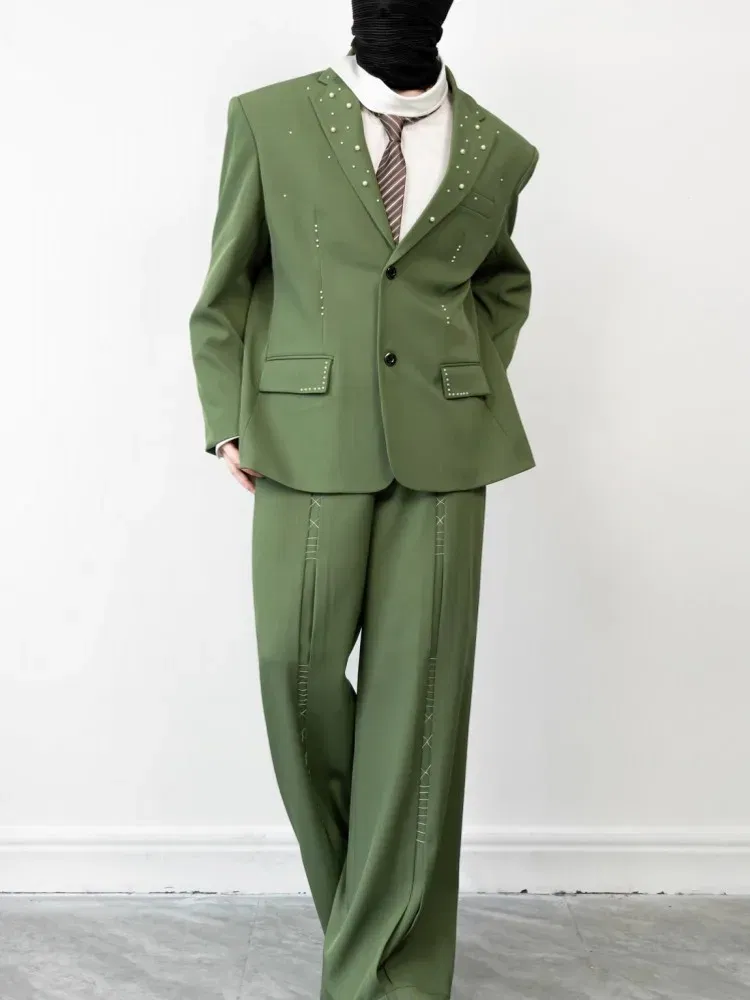 Color: Beige, Size: XL - 2025 Hot Sale Mens Beads Design Spring Suits Casual Two Piece Set Loose Fit Fashion Match Set Outfit Hand Stitch Wide Leg Pants