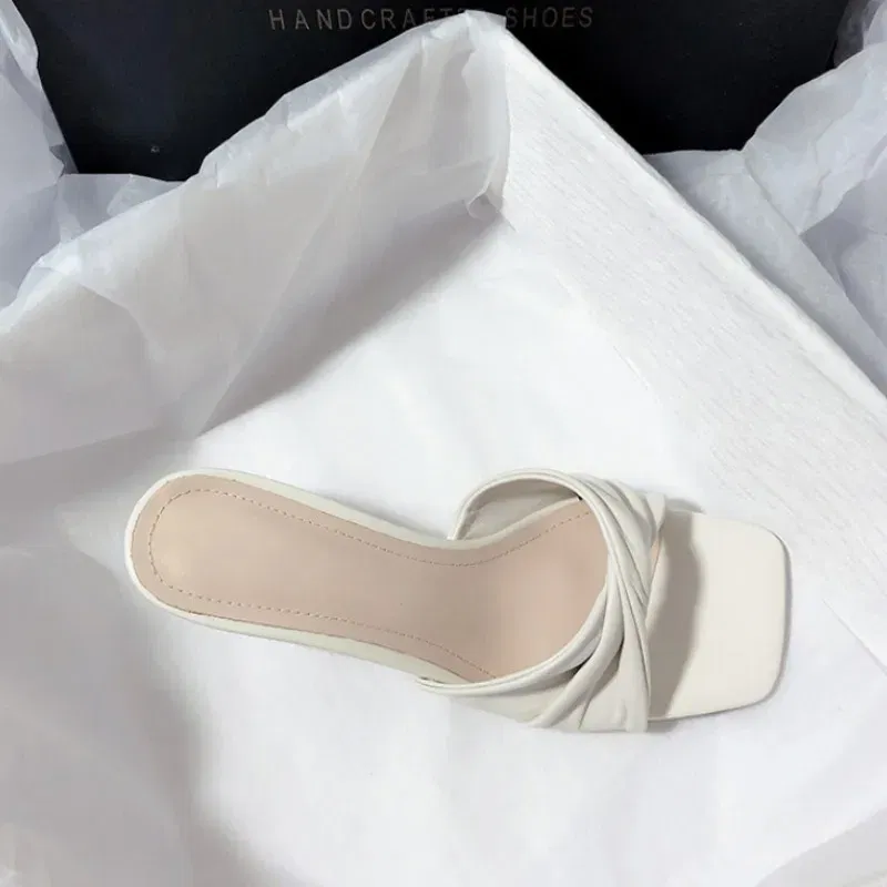 Color: light yellow, Shoe Size: 43 - Fashion Summer Women Shoes New Handmade Square Open Toe High Heels Outdoor Fashion Slippers Apricot Off White