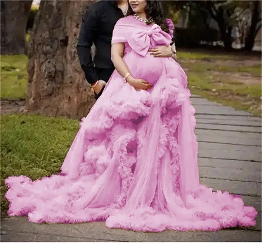 Color: Pink, Maternity Size: 12, Ships From: CHINA - BIG BOW Tulle Ruffle maternity dresses photoshoot baby shower п?»?°?‚ь?µ д?»я ?±?µр?µм?µнн?‹?… فس?§تي?† ??