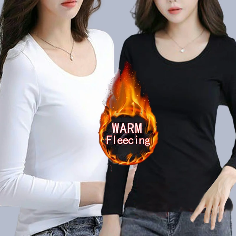 Color: Gold, Size: XXXL - O Neck Long Sleeve Fleeceing Heating Fiber Thermal Basic T-Shirts Women Winter Bottoming Cropped Tops Casual Skinny All-match
