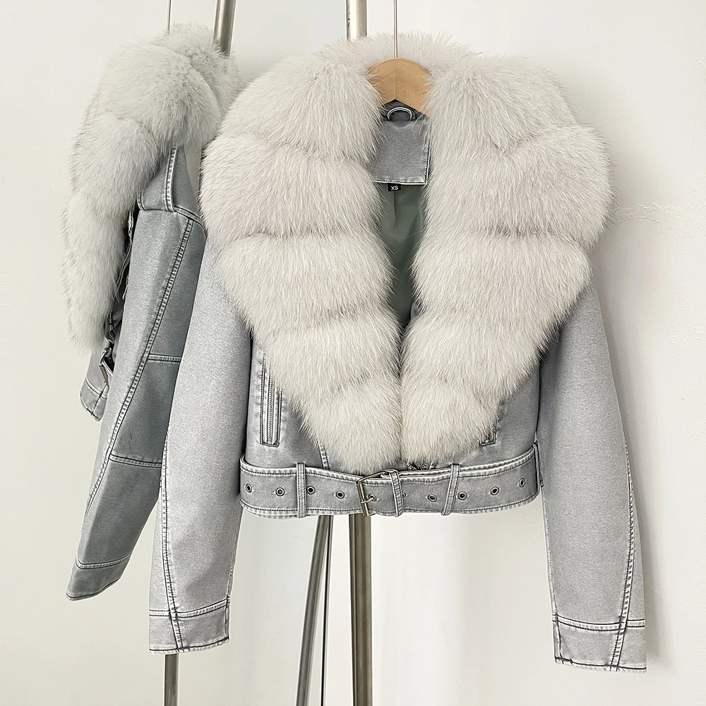Color: GRAY, Size: M - Fake Leather Coat New Natural Fox Fur Autumn Short Faux Leather Jacket Female Spring PU Women Long Sleeve Real Fur Coat Thin