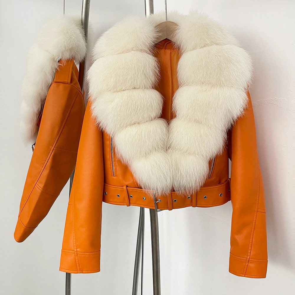 Color: GRAY, Size: M - Fake Leather Coat New Natural Fox Fur Autumn Short Faux Leather Jacket Female Spring PU Women Long Sleeve Real Fur Coat Thin