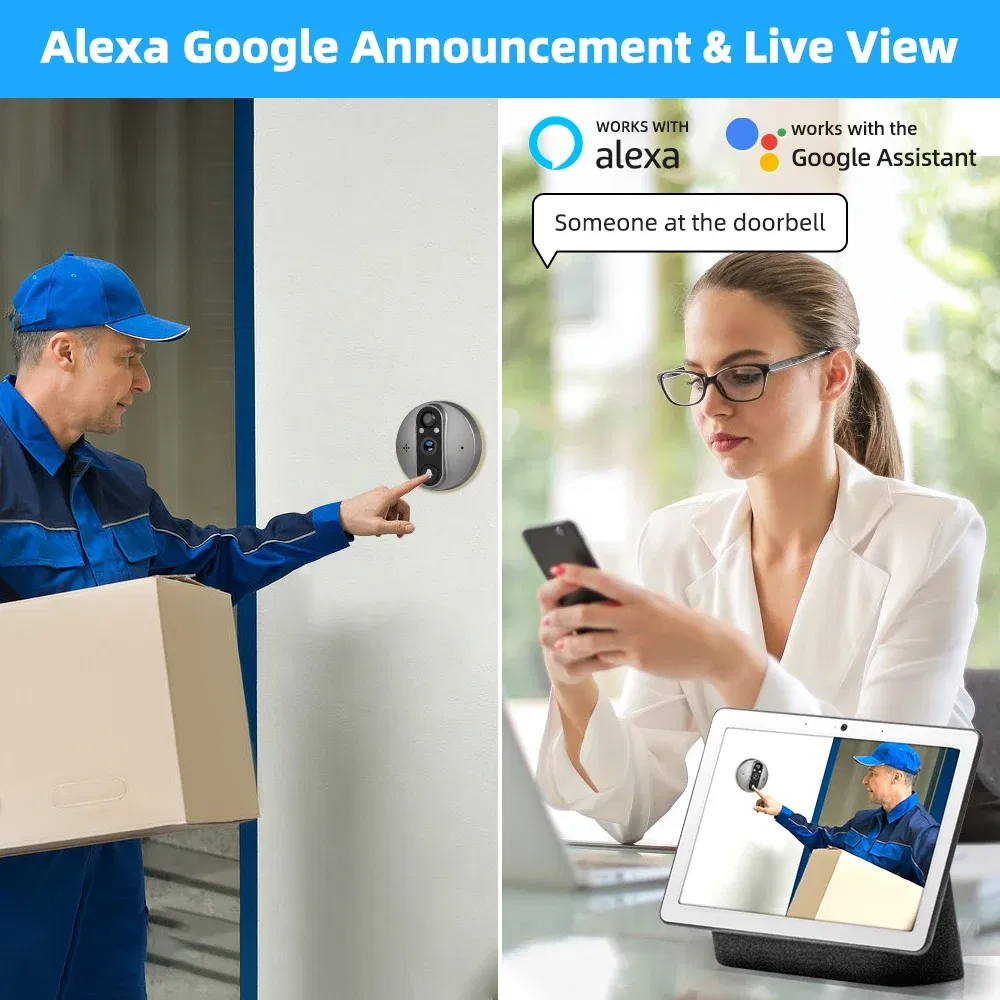 Color: Blue, Ships From: CHINA - New! 3MP Tuya Smart Life APP Home Battery WiFi Video Digital Door Peephole Viewer PIR IR Door Bell Magic Eye FHD Camera Alexa