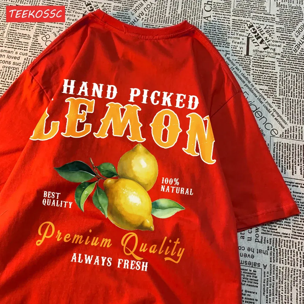 Color: Champagne, Size: S - Summer Lemon Cherries Prints T-Shirts Cotton Women's Tops Oversize O-Neck Soft Short Sleeve tees Street Casual Womans Clothes