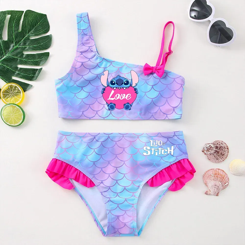 Color: Ivory, Size: XS - Lilo Stitch Girls Swimsuit One-Piece Bathing Suits Children's Dresses Summer Swimwear Beach Suit Kids Wear Fashion Mermaid Fish
