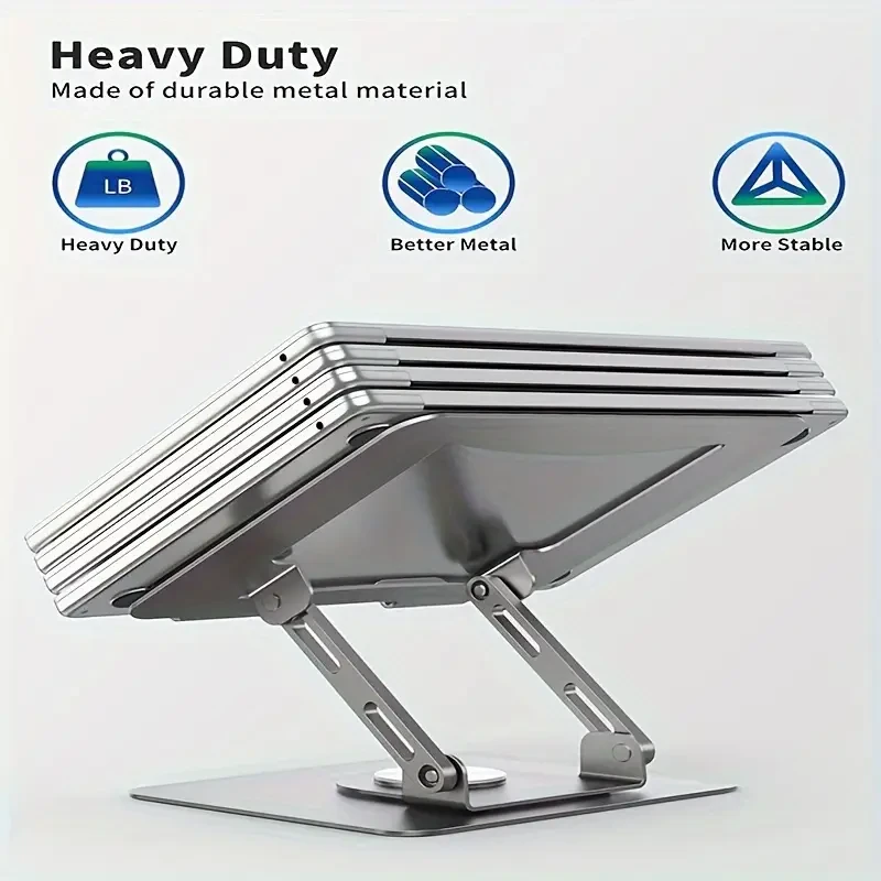 Ergonomic Stainless Steel Laptop Stand with 360 Rotating Base, Adjustable Height & Multi-Angle Folding Design - Fits 25.4-39.62cm Notebooks - Silvery Gray