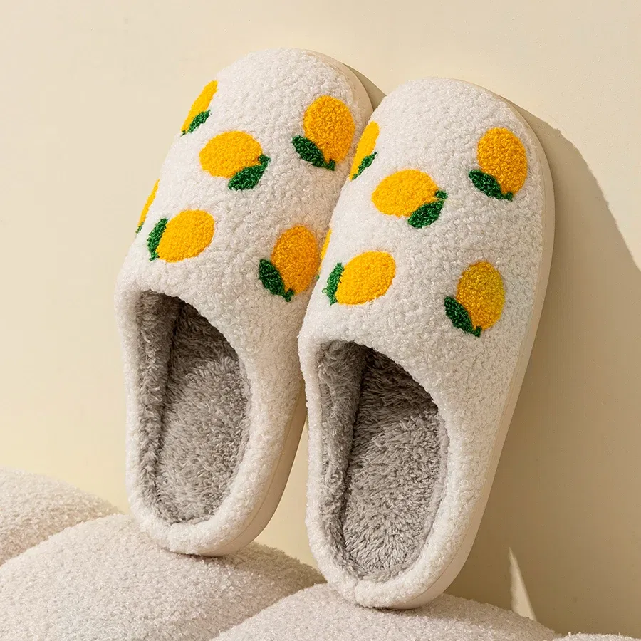 Color: Yellow, Shoe Size: 4.5 - Cute Avocado Women Slippers Winter Warm Indoor Fruit Cartoon Funny Soft Non-slip Slipper Cherry Strawberry Comfy Cotton Shoes