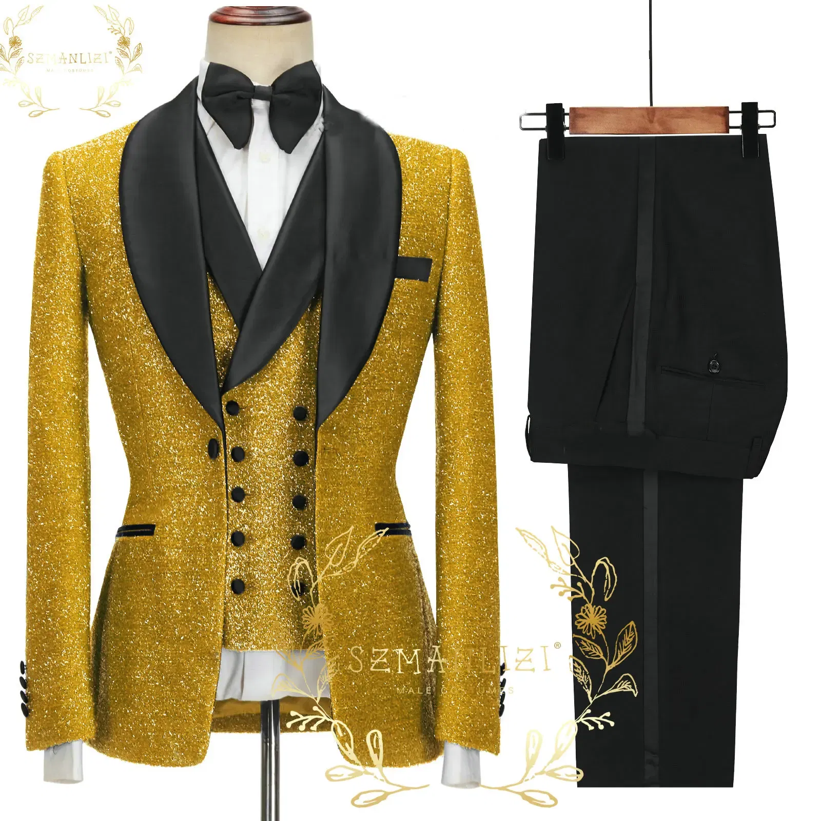 Color: GRAY, Size: 5XL - SZMANLIZI 2022 Latest Designs Black Floral Party Blazer Men Suits Costume Homme Groom Tuxedos Wedding Terno Masculino 3 Pieces