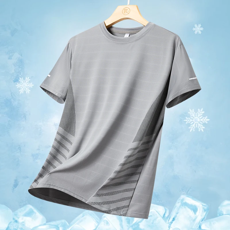 Color: Dark Grey, Size: XL - Men's Silk Ice Round Collar T-shirt, Simple Running Fitness Suit, Breathable Thin T-shirt, Quick Dry T-shirt, Summer