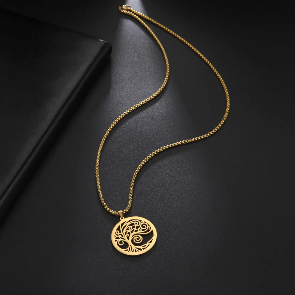 Stainless Steel Ring Hollow-out Side Bristle Tree Necklace