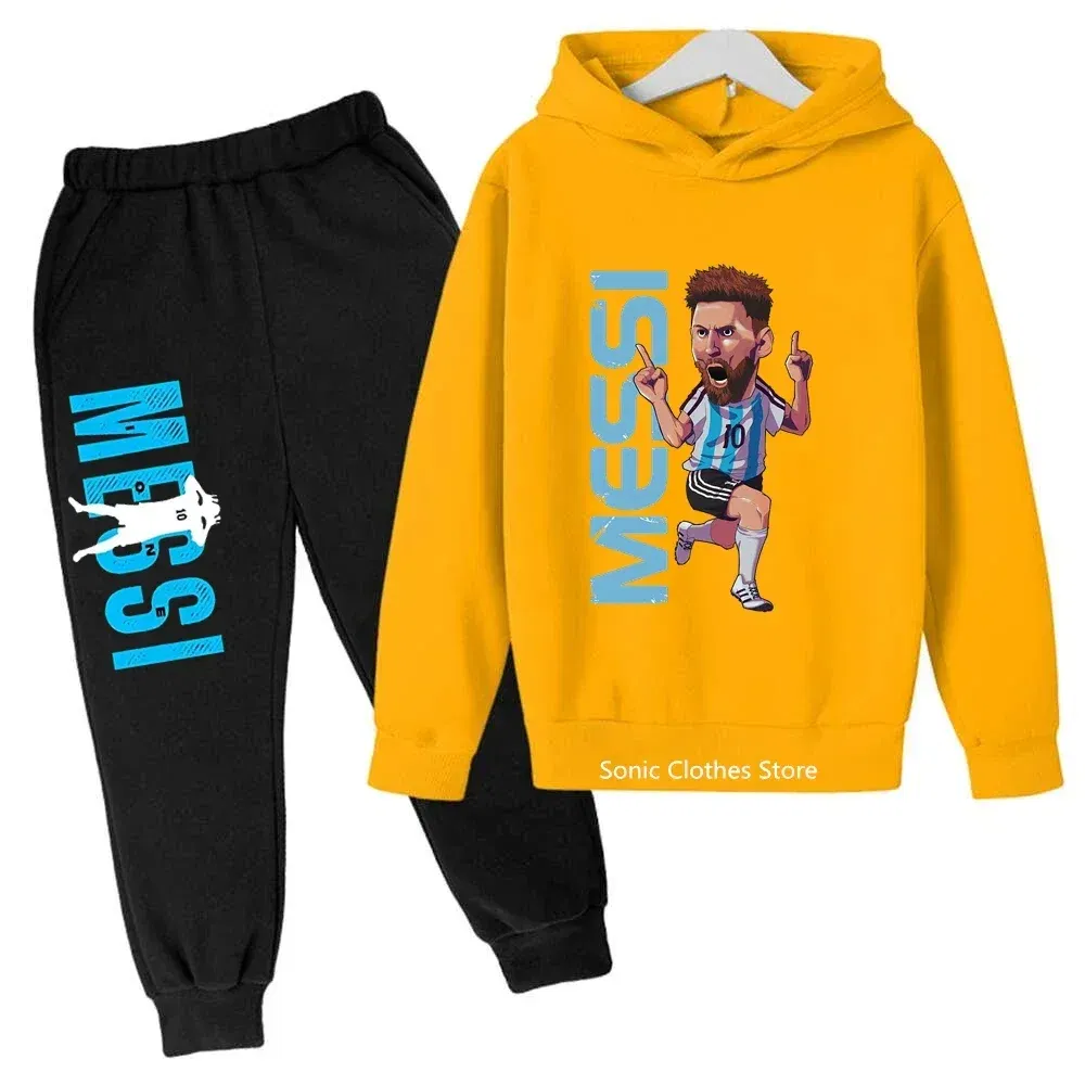 Color: Yellow, Kid Size: 3T - messi avatar printed children's clothing children's autumn and winter hoodies pants 2-piece casual boys and girls suits
