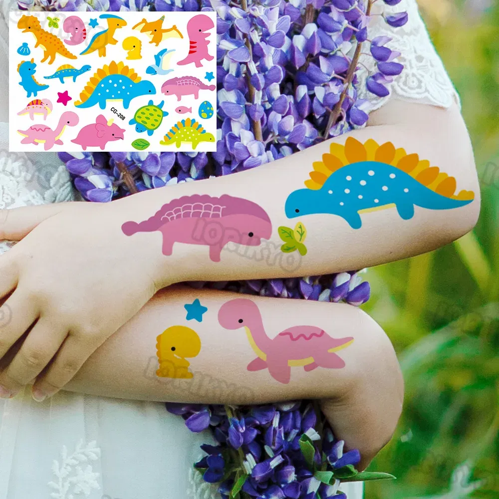 Color: wine red - Colorful Dino Temporary Tattoos For Kids Boys Girl Baby Fake Jurassic Dinosaur Tattoo Sticker Small Cute Tatoos Face Hands