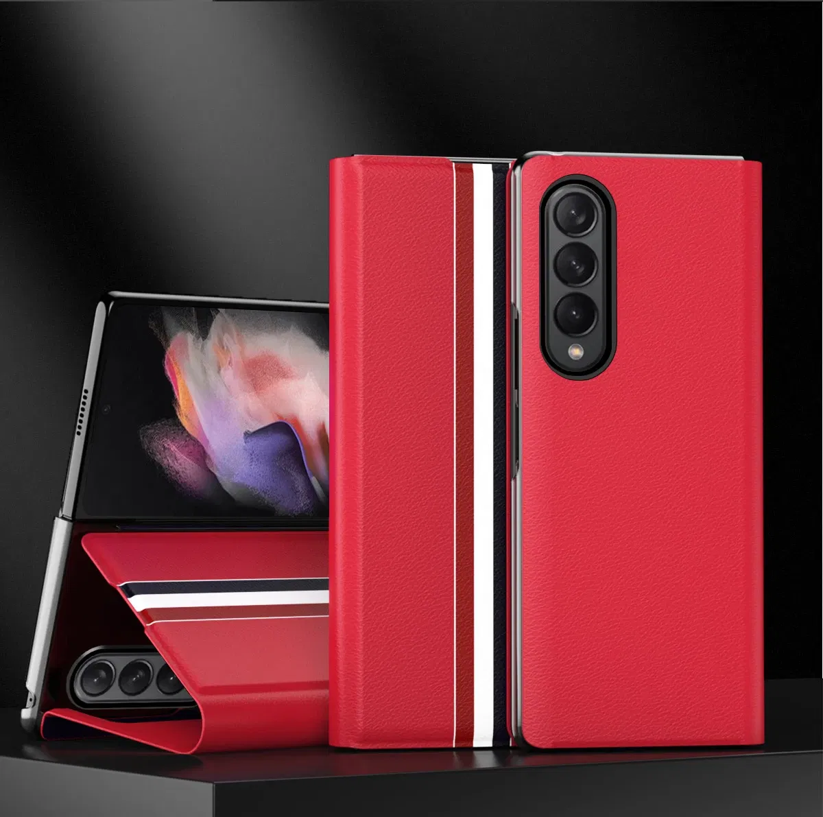 Color: Red, Material: aluminum - Leather Wallet Function Case for Samsung Galaxy Z Fold 6 5 3 2 fold6 fold5 Fold4 Fold 4 5G Fold3 Fold2 Full Protection Bag Cover