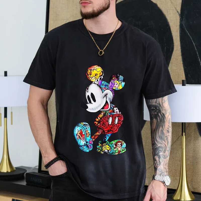 Color: Beige, Size: XL - Disney Couples Mickey Mouse Minnie Print T-shirt Couples Men's and Women's Cotton Short Sleeve Casual Tops