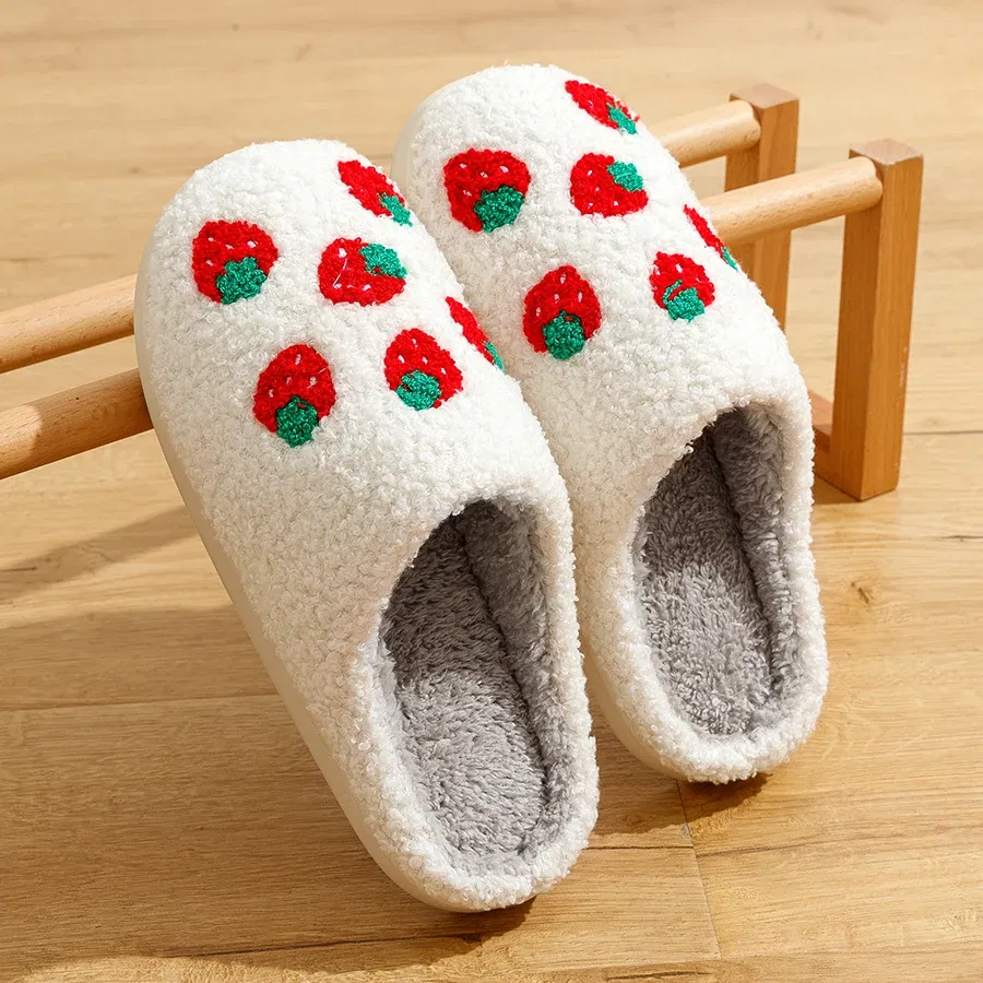 Color: Red, Shoe Size: 3 - Cute Avocado Women Slippers Winter Warm Indoor Fruit Cartoon Funny Soft Non-slip Slipper Cherry Strawberry Comfy Cotton Shoes