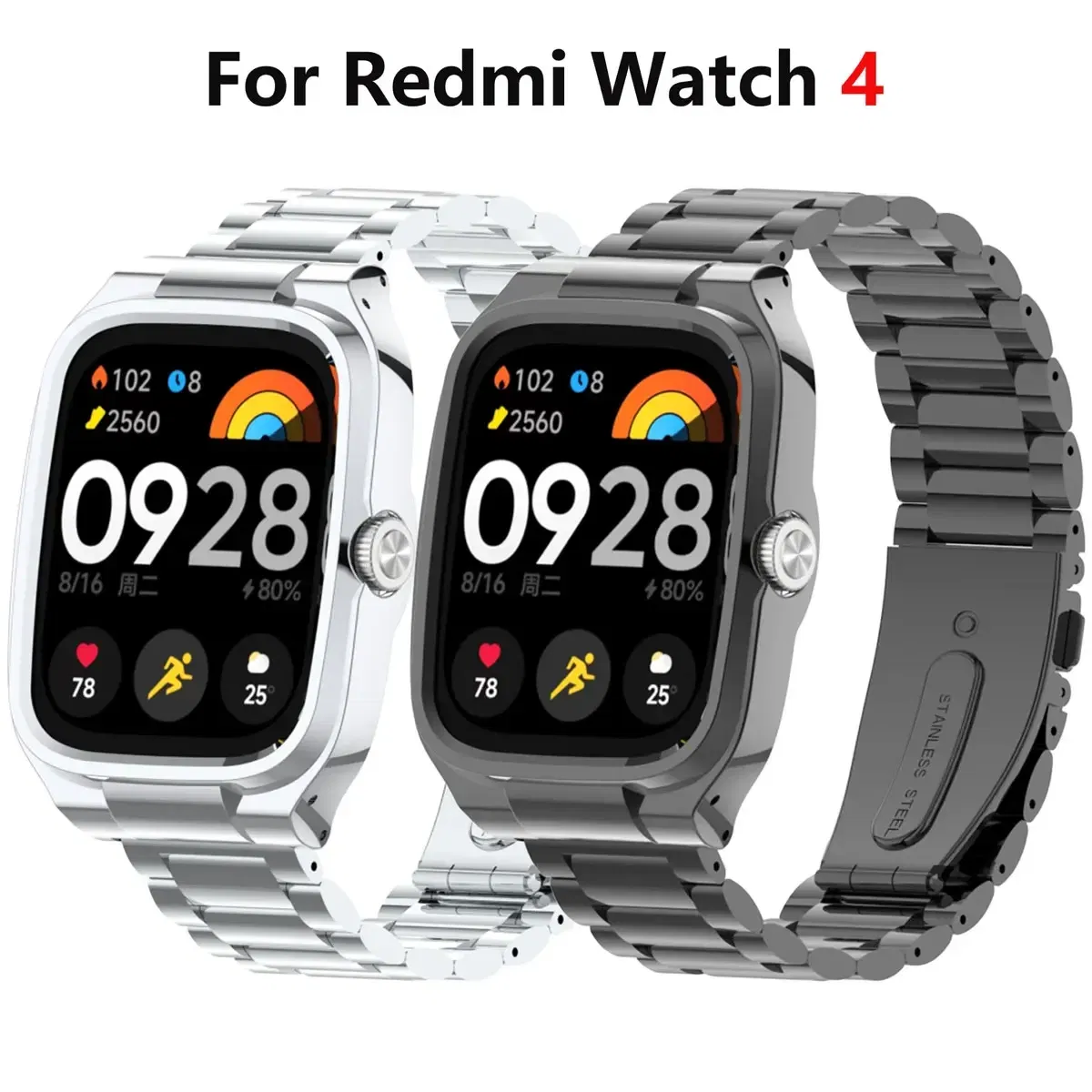 Band Color: Silver, Band Width: 15mm - Suitable for Redmi Watch 4 solid stainless steel three-ball strap, metal protection case strap Redmi Watch 4 replacement strap