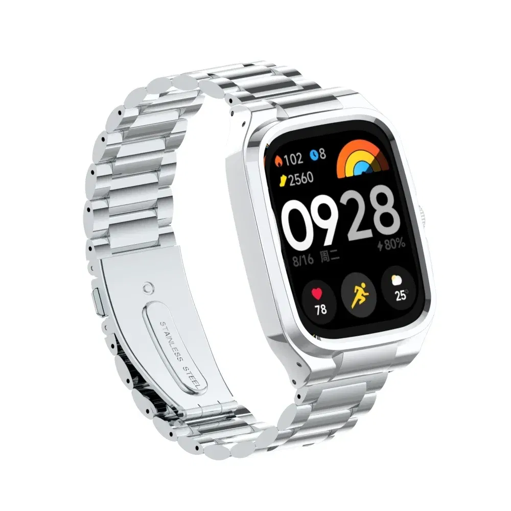 Band Color: Silver, Band Width: 15mm - Suitable for Redmi Watch 4 solid stainless steel three-ball strap, metal protection case strap Redmi Watch 4 replacement strap