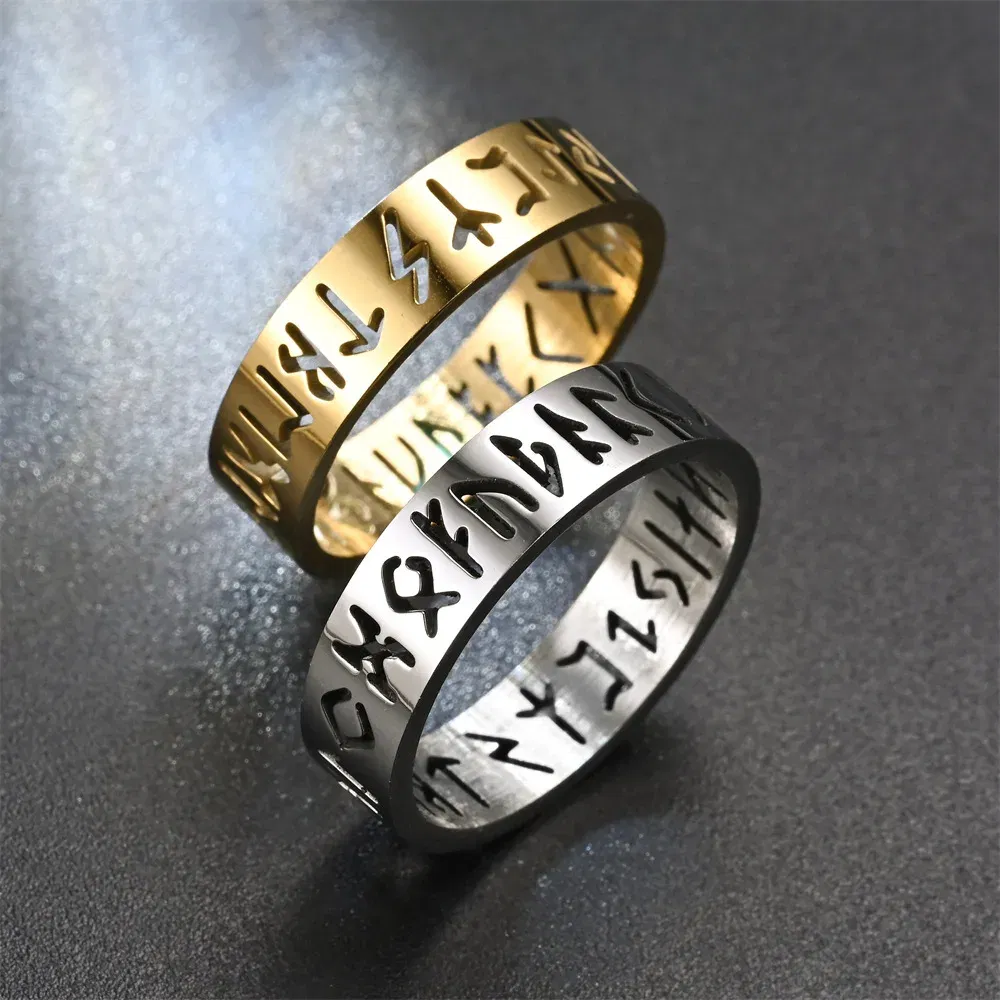 Main Stone Color: silver, Ring Size: 4.5 - 2023 New Stainless Steel Hollow Out Ring for Men Women Fashion Hollow Rune Design Finger Anillo Antiestres Anxiety Rings