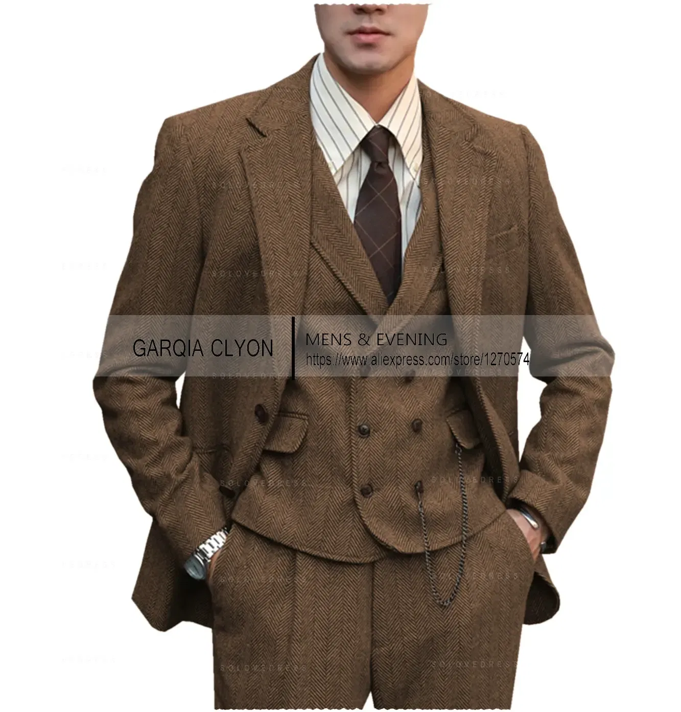 Color: Brown, Size: S - Tweed Herringbone 3 Pieces Herringbone Men's Business Suits Single Breasted Slim Fit Groom  Formal Suits?€Blazer+vest+Pants?‰