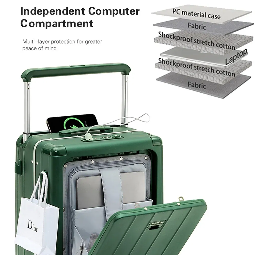 Color: green, Luggage Size: 20Inches 500mm, Ships From: CHINA - LightGo Front Access 20/26/28 Inch Carry On Luggage w/ Laptop Compartment, 2 USB-C, TSA Lock, Silent Wheels for Business Travel