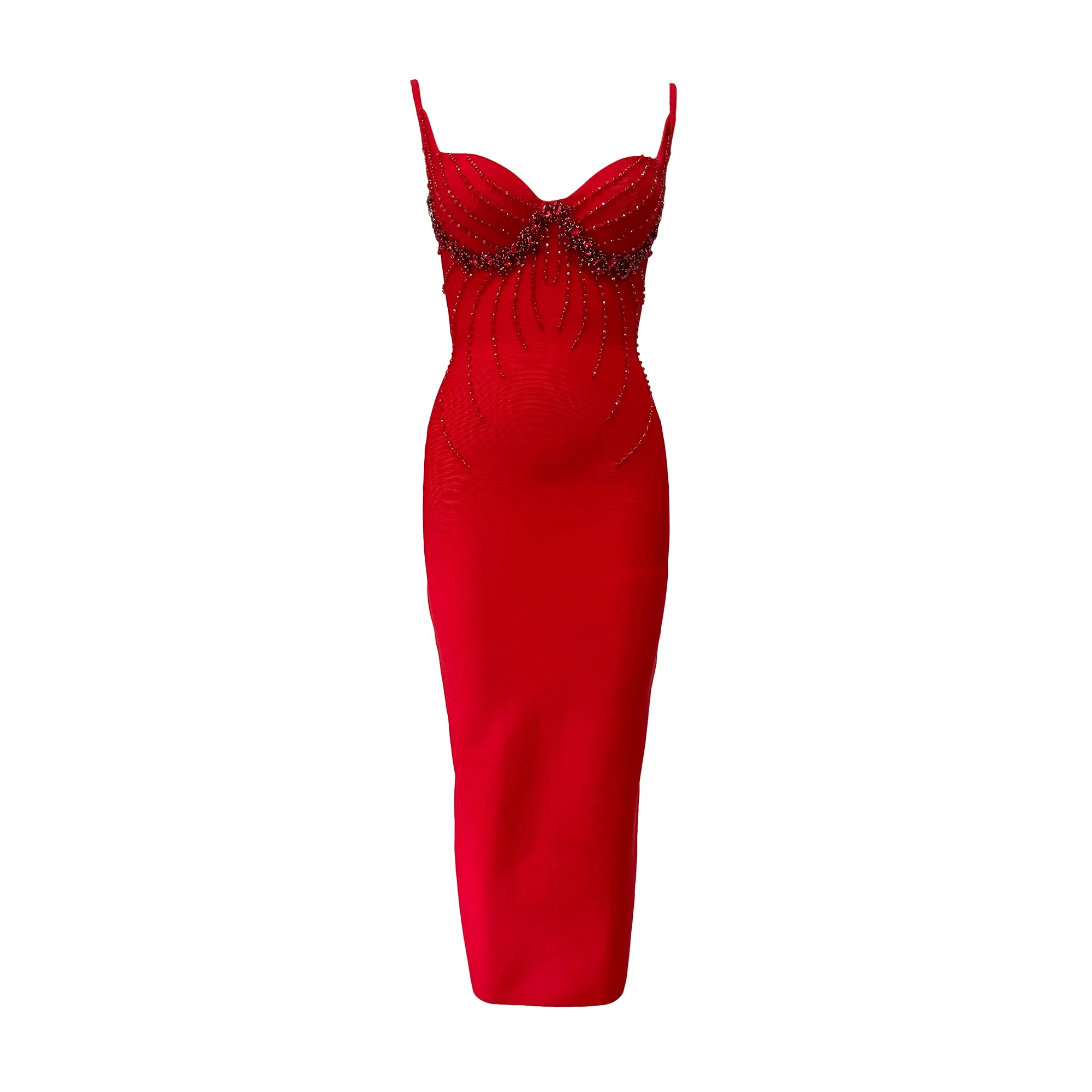 Color: Red, Size: M - Women Sexy Beading Spaghetti Strap Bandage Dress Bodycon Clothes Club Party Celebrity Elegant Dresses