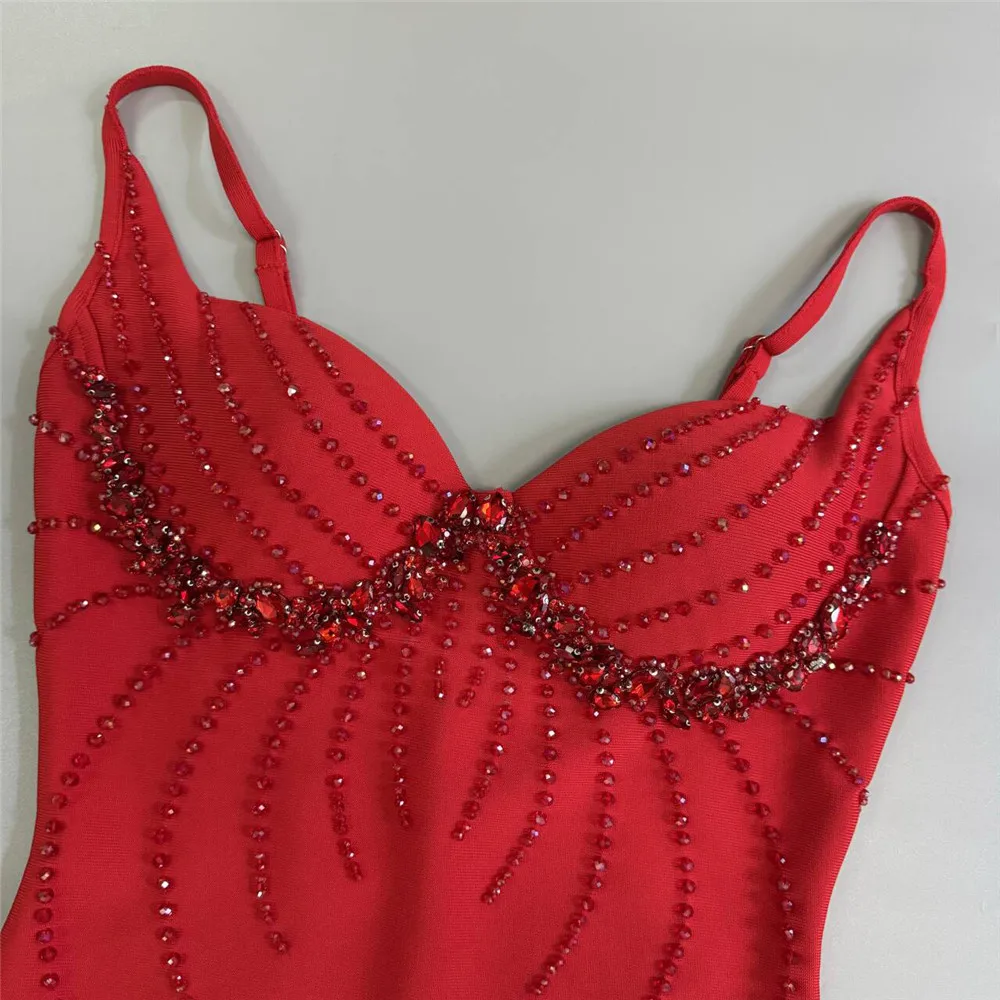 Color: Red, Size: M - Women Sexy Beading Spaghetti Strap Bandage Dress Bodycon Clothes Club Party Celebrity Elegant Dresses