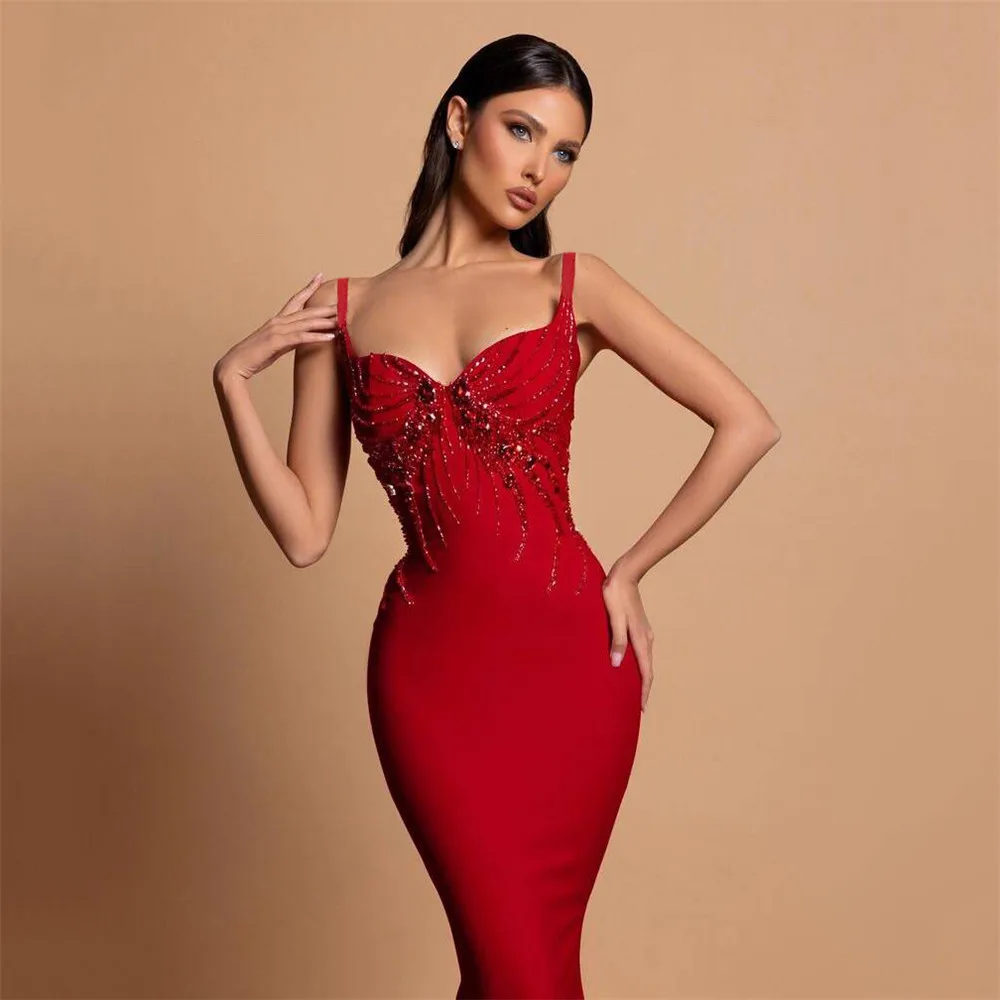 Color: Red, Size: M - Women Sexy Beading Spaghetti Strap Bandage Dress Bodycon Clothes Club Party Celebrity Elegant Dresses