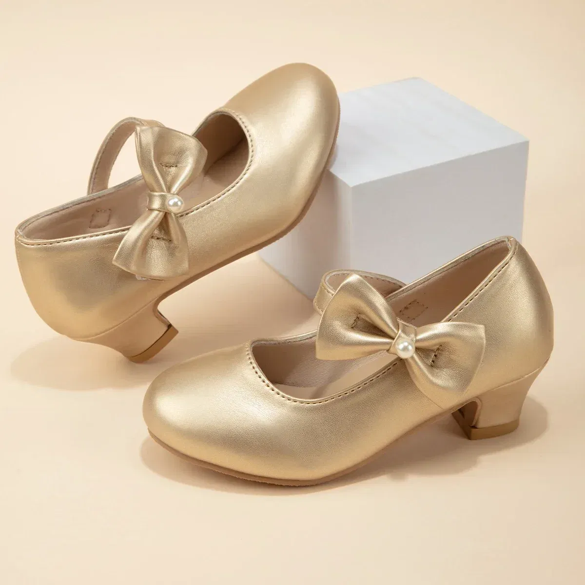 Shoe Size: 31, Color: Gold - Children's Bowknot Wedding Party Princess Shoes Big Kids White Gold Dance Dress Shoes Small Square Heel Children's Shoes