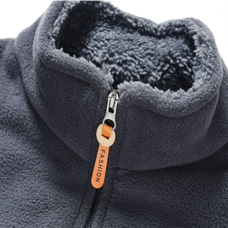 Color: GRAY, Size: XXXL - Men's Fleece Zip Up Outerwear Zipper Fleece-lined Stand Collar Thickened Outdoor Jacket Windproof Polar Fleece Coldproof Jackets