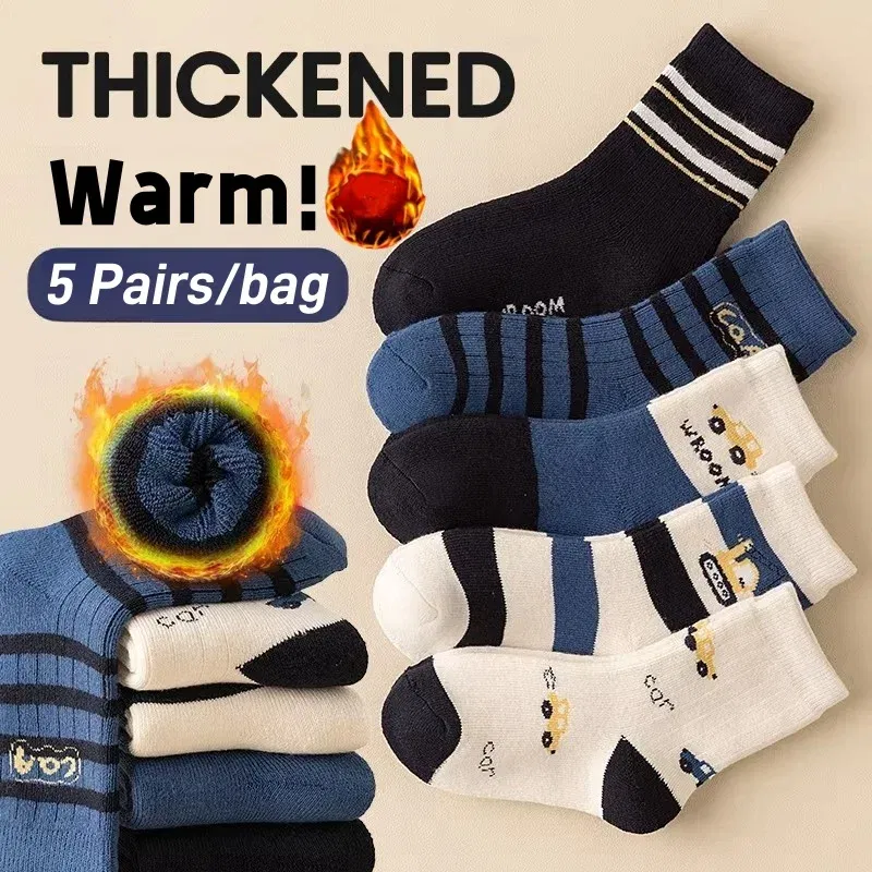 Color: black, Size: 7-9T - Girls Winter Socks 5 Pairs Baby Cute Color Princess Pink Thick Cotton Socks Children Warm Winter Socks