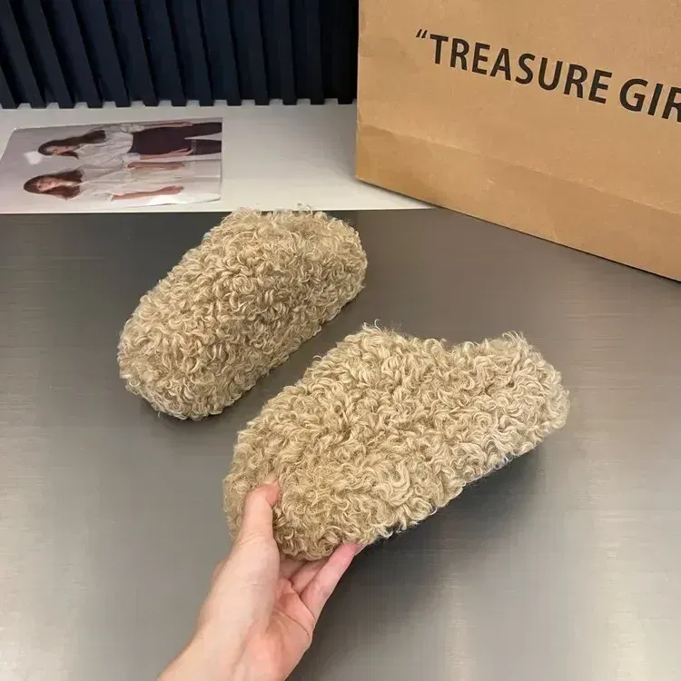 Color: black, Shoe Size: 35 - Thick Heel Luxury Lambwool Mules Winter Shoes Woman Flip Flops Flat Cover Toe Slides Ins Warm Curly Lamb Fur Slippers Women
