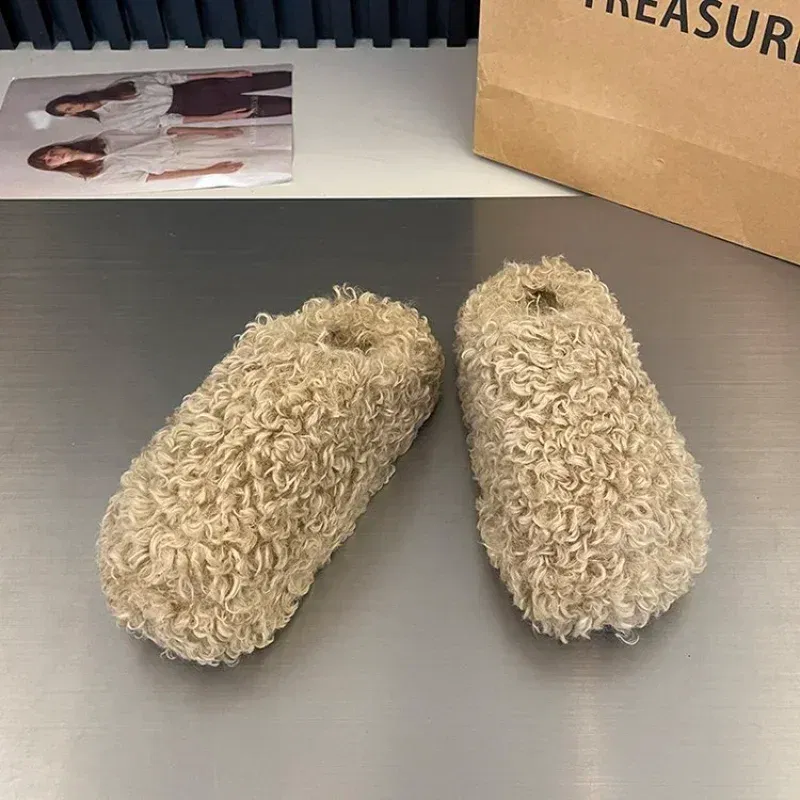 Color: black, Shoe Size: 35 - Thick Heel Luxury Lambwool Mules Winter Shoes Woman Flip Flops Flat Cover Toe Slides Ins Warm Curly Lamb Fur Slippers Women