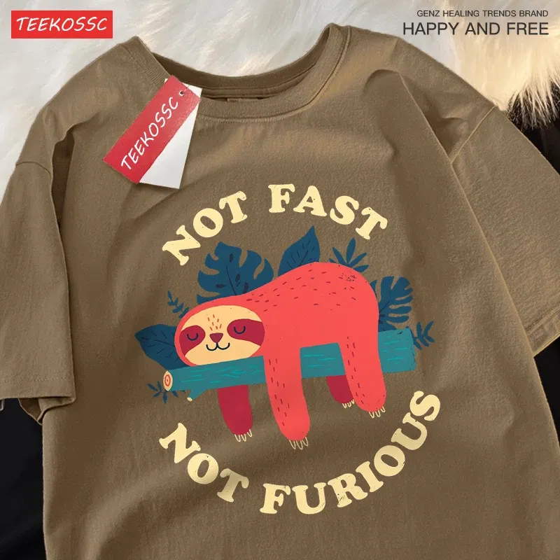 Color: army green, Size: XXL - Not Fast Not Furious Cute Sloth Male T Shirts Hip Hop Crewneck Short Sleeve Summer Cotton Tops Casual Sweat Oversized T-Shirts