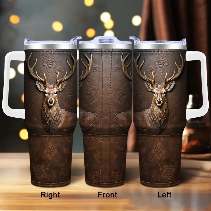 Steel Deer-Themed Tumbler with Lid & Straw - Insulated Car Travel Cup