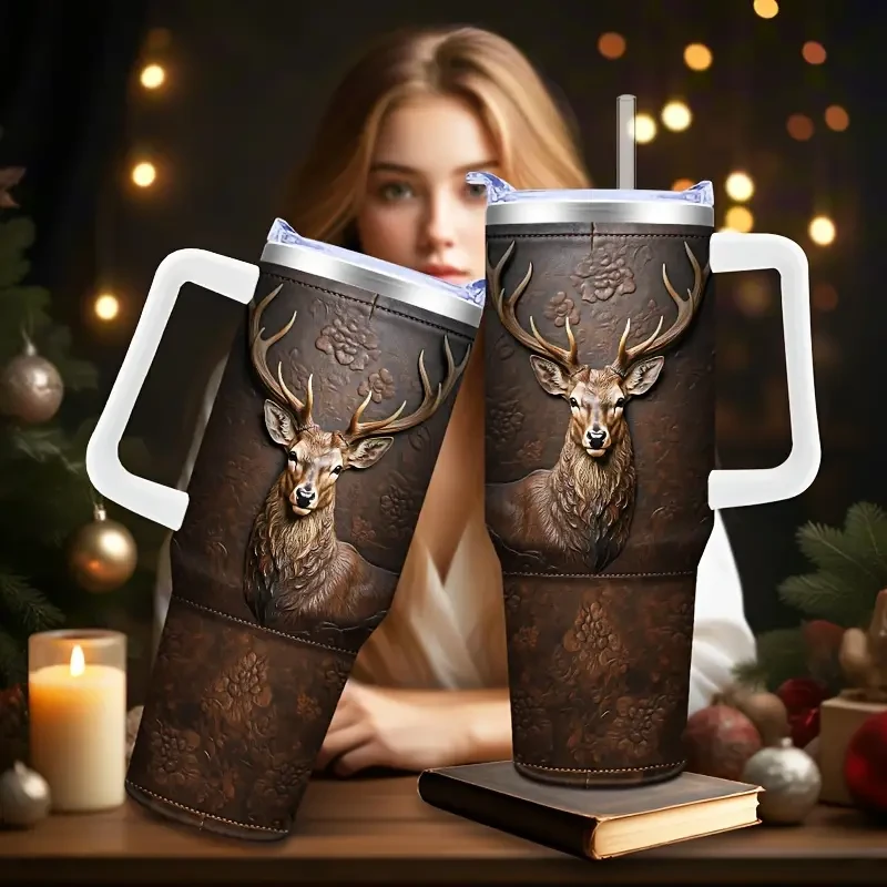 Steel Deer-Themed Tumbler with Lid & Straw - Insulated Car Travel Cup