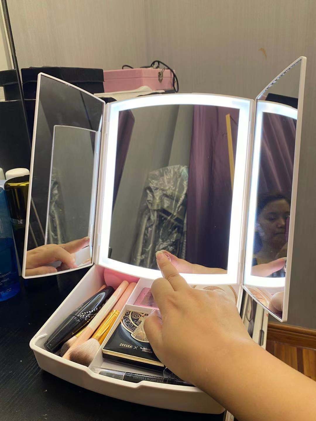 New Storage Tri-fold Desktop LED Makeup Mirror Touch