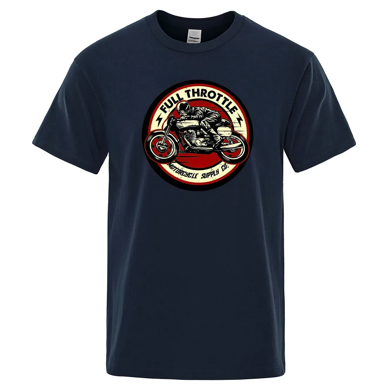 Color: Navy Blue, Size: XXL - Full Throttle Cafe Racer Rockabilly Biker Printed T-Shirt Men Fashion Casual Short Sleeve Loose Cotton Tshirt Summer Loose Tees