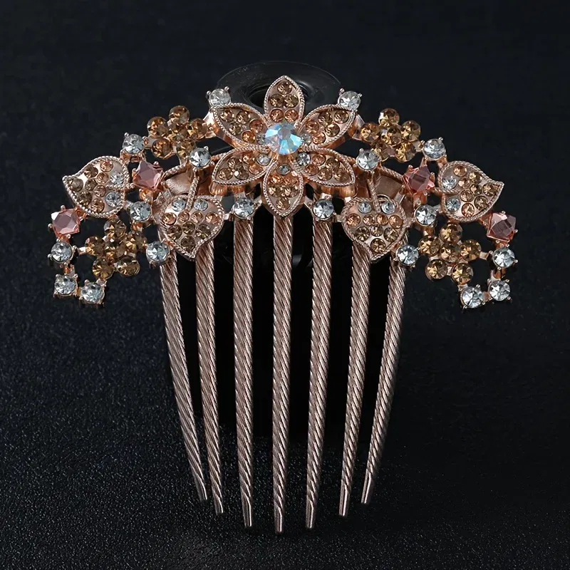 Color: Red - 1PC Elegant Rhinestone Hair Comb Flower Shaped Headwear Women Hair Jewelry Accessories