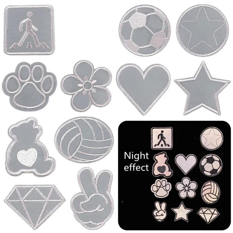 Color: WHITE - 1pc Reflective Patches For Night Clothing Iron On Star Heart Flower Football Hand Diamond Stickers Diy Jackets Badge Appliques