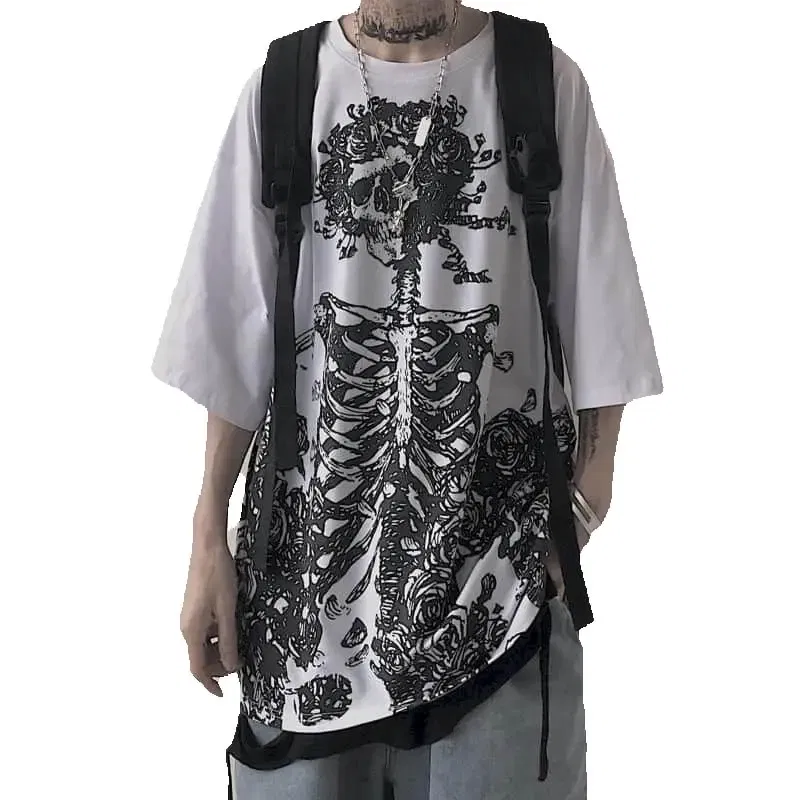 Color: Brown, Size: M - Men T-shirts 2023 Summer Streetwear High Street Gothic Skull Tshirt Loose Oversized Short-sleeved T shirt Dark Anime Men Y2k Top