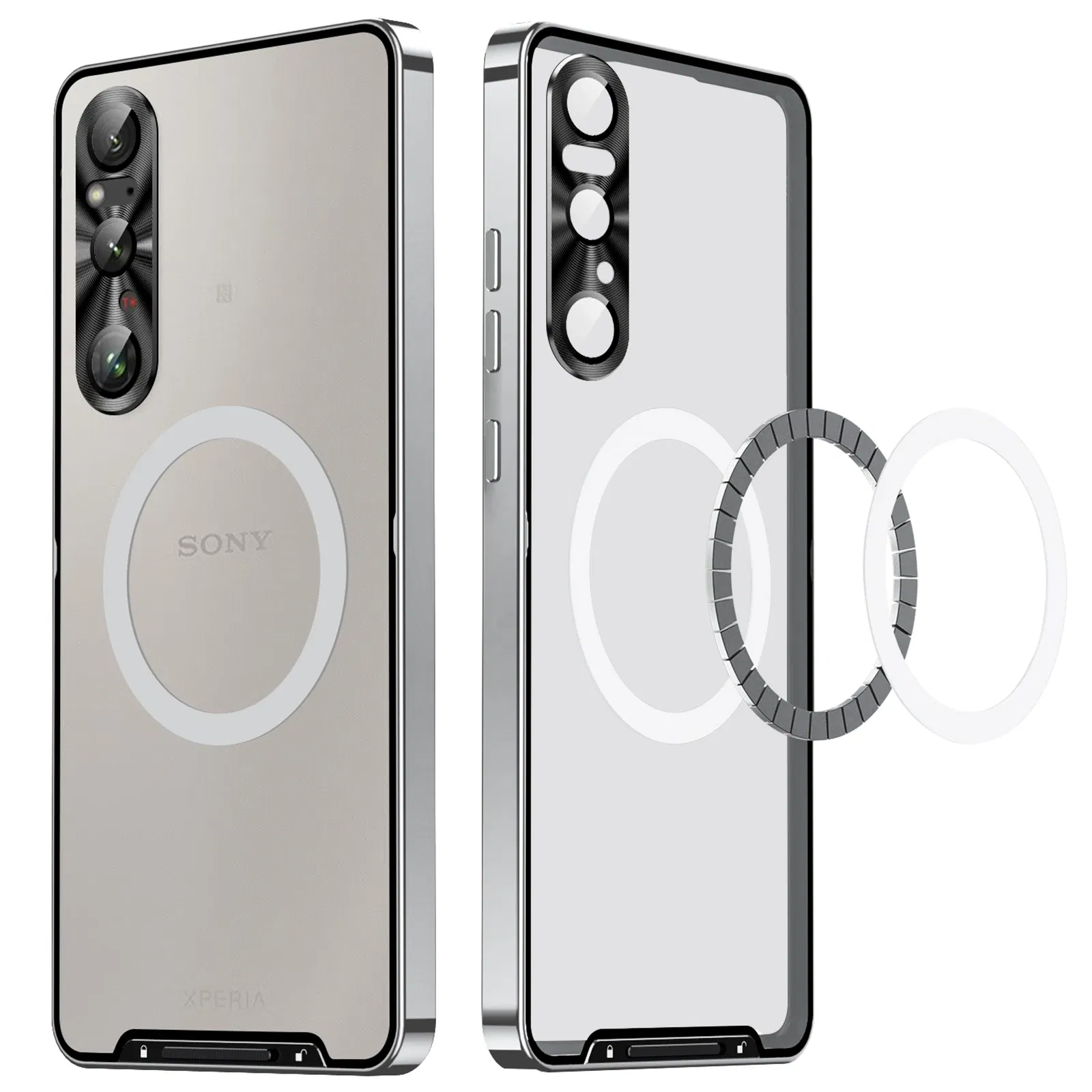 Color: Silver, Material: aluminum - Metal Alloy Magnetic Case For Sony Xperia 1 V 10 IV iii 5 V Aluminum Bumper Frame Clear Transparent Wireless Charger Cover